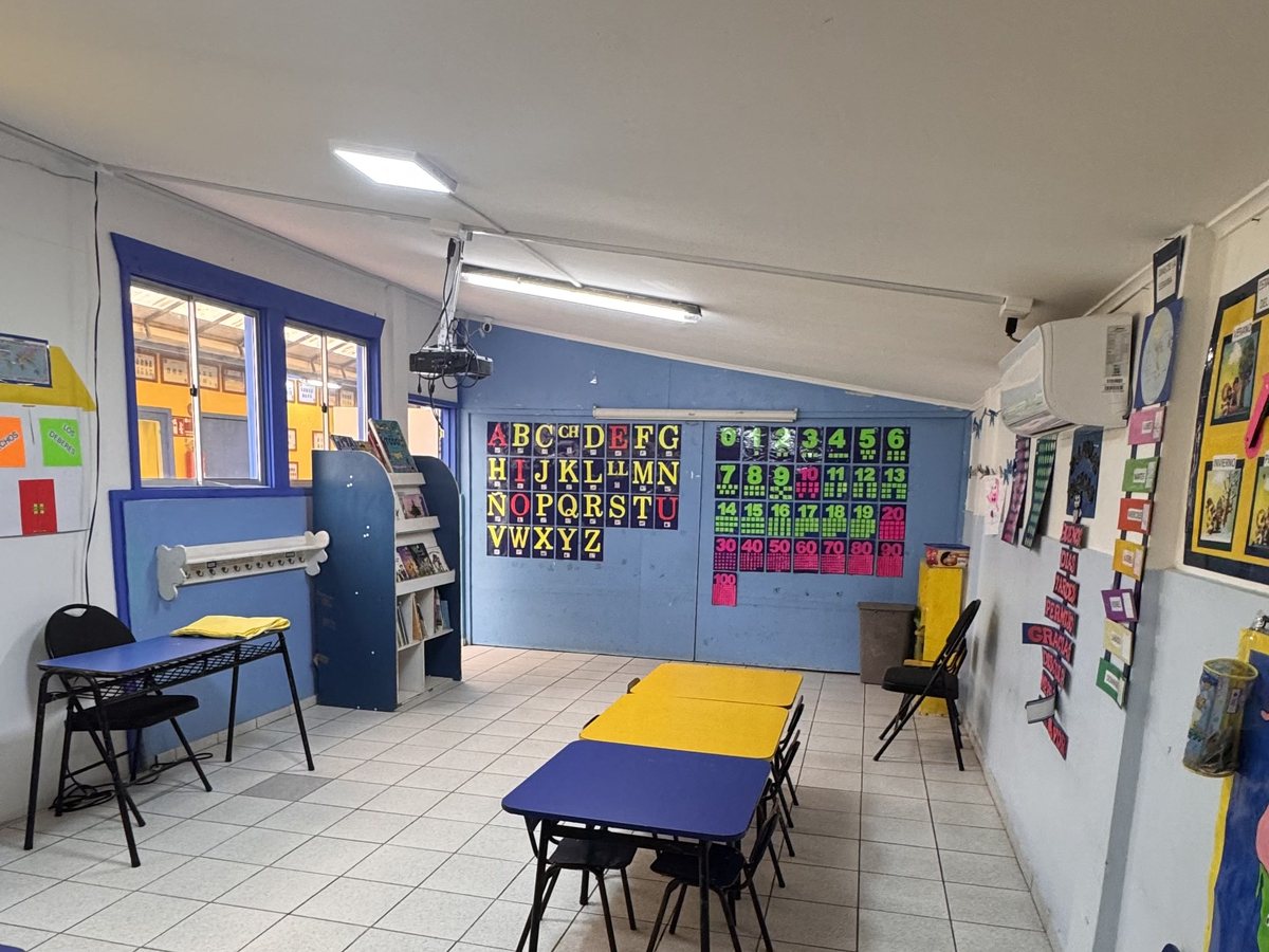 Sala con mesas de trabajo amarillas y azules y material pedagógico en las paredes