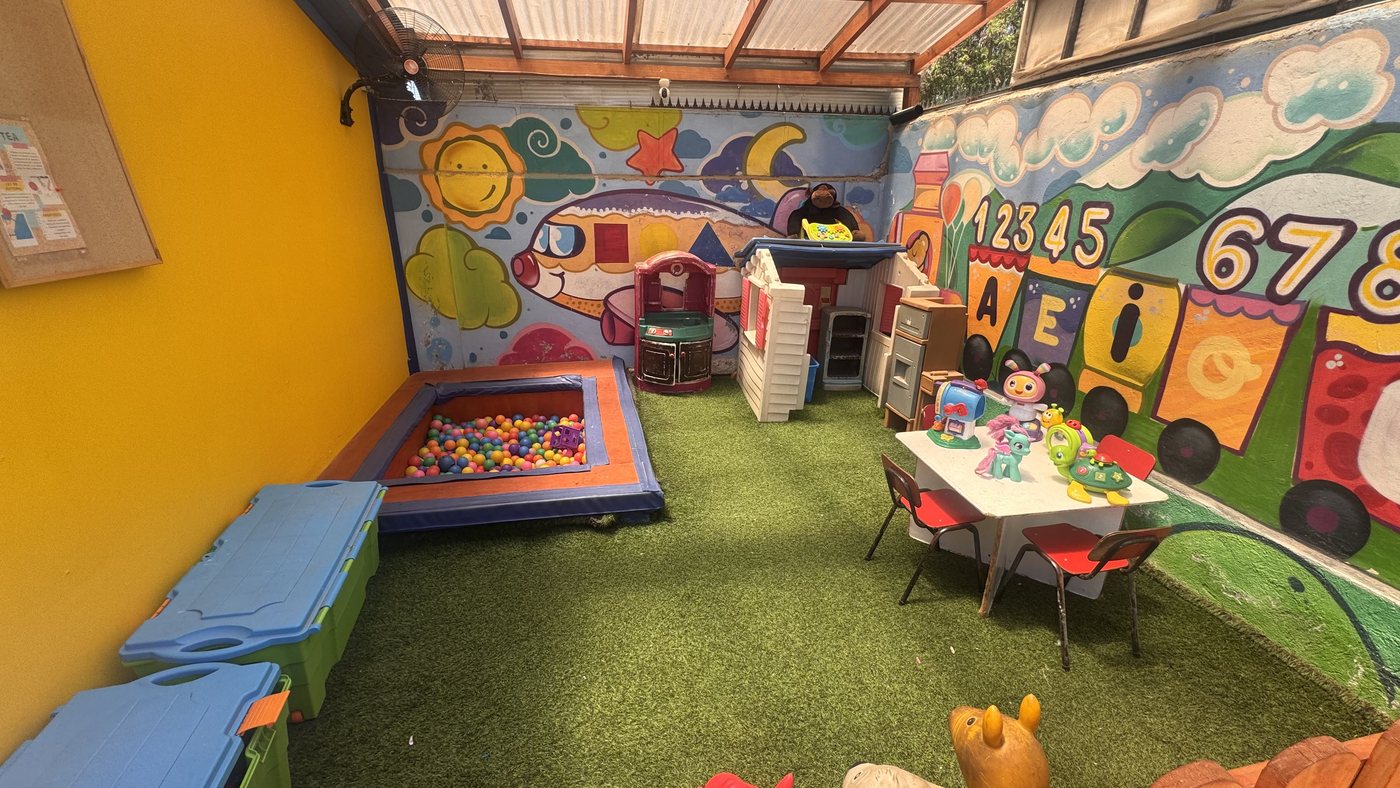 Sala de juegos con pasto sintético, pozo de pelotas y murales, donde se hacen las celebraciones